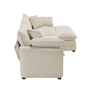 English Elm Corduroy Two-Seater Sofa With Ottoman - Chic L-Shaped Design For Cozy Small Spaces In Light Beige W714S00770