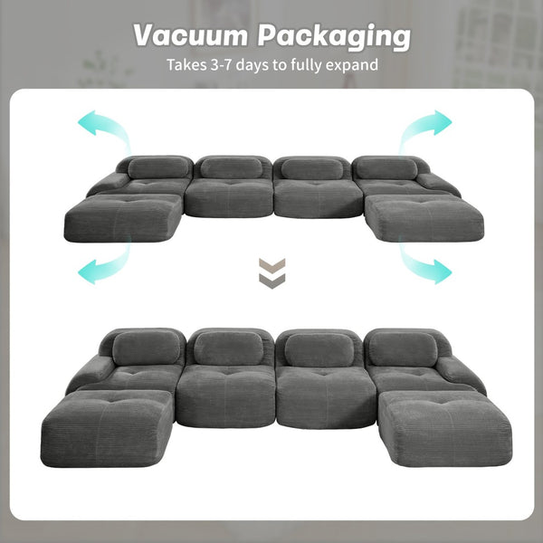 English Elm U-shaped Modular Sectional Sofa Corduroy Upholstered Ergonomic Curved Living Room Seating Grey W714S01272