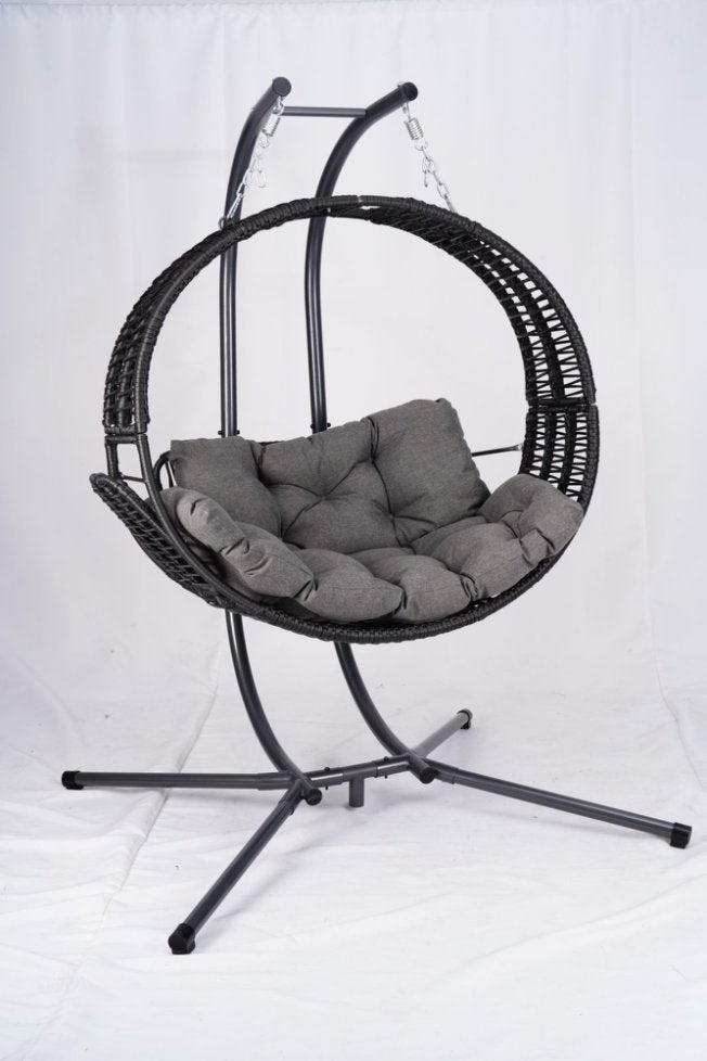 English Elm Double Hanging Egg Chair with Stand, Oversized 2-Person Rattan Swing, Convertible Recline, 700lb Capacity W2500P288856