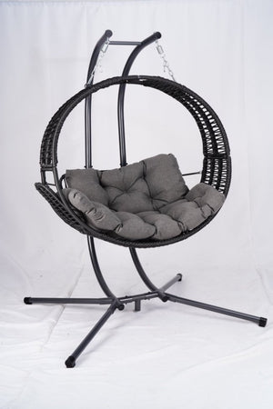 English Elm Double Hanging Egg Chair with Stand, Oversized 2-Person Rattan Swing, Convertible Recline, 700lb Capacity W2500P288856
