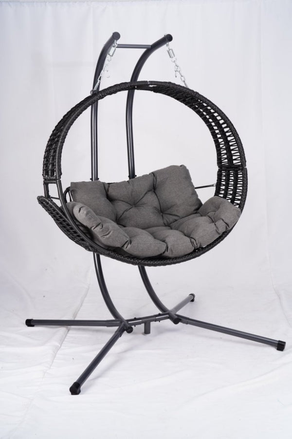 English Elm Double Hanging Egg Chair with Stand, Oversized 2-Person Rattan Swing, Convertible Recline, 700lb Capacity W2500P288856
