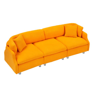 English Elm 95.3 Teddy Two Throw Pillow 3-Seat Sofa with Plush Teddy Fabric, Solid Wood Frame and Metal Legs Orange W1278S00071