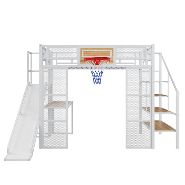 English Elm Full Full Size Metal Loft Bed with Built-In Desk, Slide, Basketball Hoop and Open Wardrobe Storage White GX001524AAK