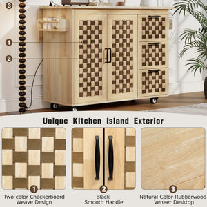 English Elm K&K Vintage Woven Checkerboard Kitchen Island 53.2" with Drop Leaf, Power Outlet, 5 Wheels, Storage N707P215328Y