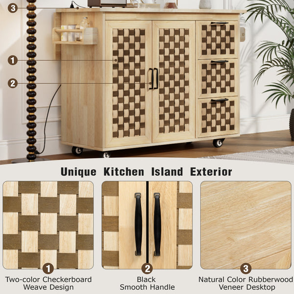 English Elm K&K Vintage Woven Checkerboard Kitchen Island 53.2" with Drop Leaf, Power Outlet, 5 Wheels, Storage N707P215328Y