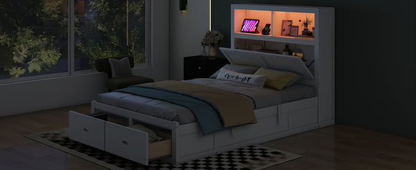 English Elm Wood Full Size Hydraulic Platform Bed with LED Headboard, Charging Station, Hidden Storage Drawers and Shelves White GX000371AAK