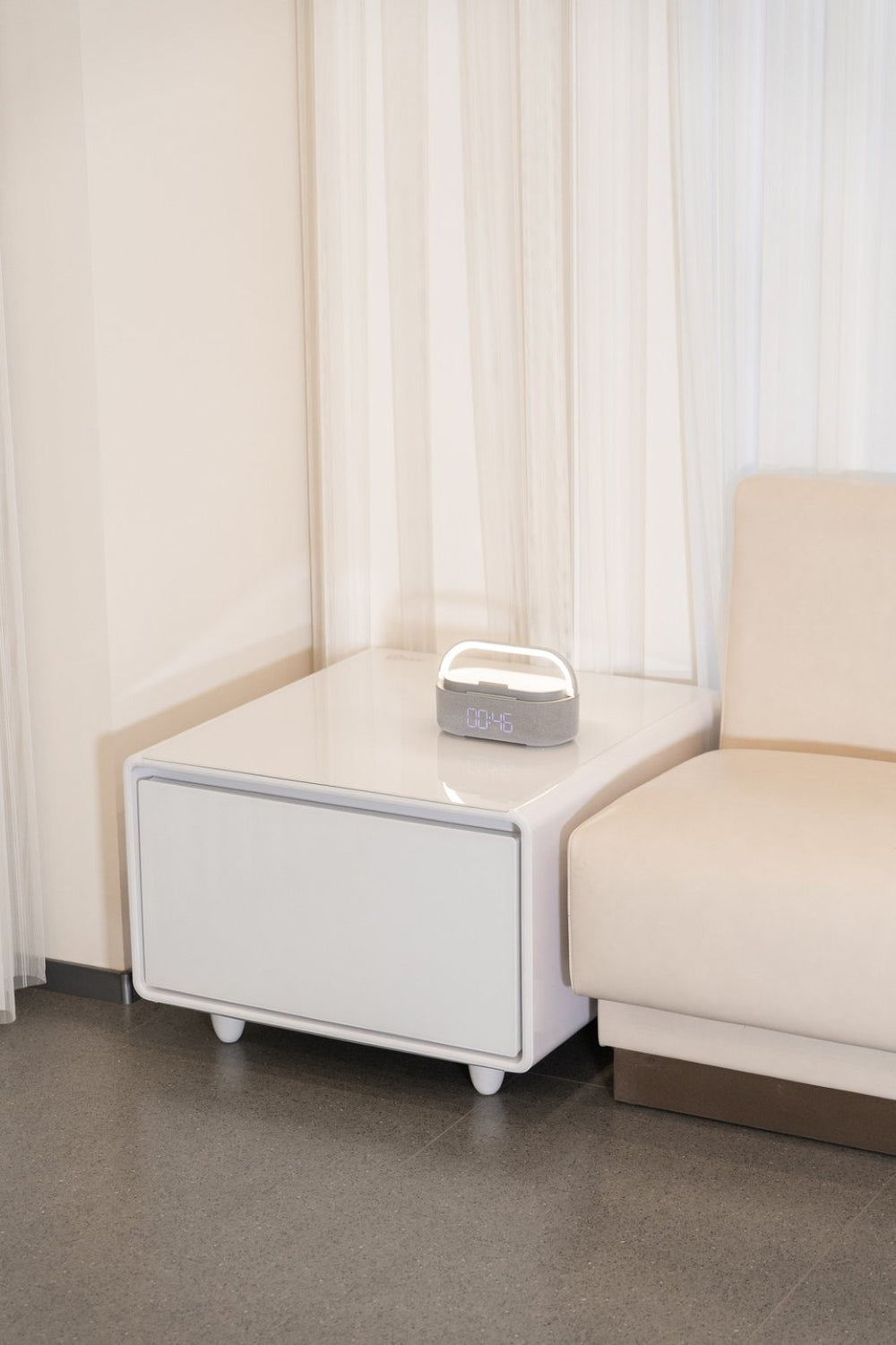 English Elm Modern Coffee Table with Built in Mini Fridge Power Outlets and Beverage Storage White W1172P483597