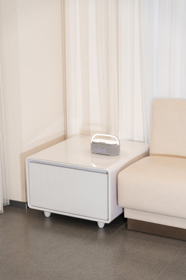 English Elm Modern Coffee Table with Built in Mini Fridge Power Outlets and Beverage Storage White W1172P483597
