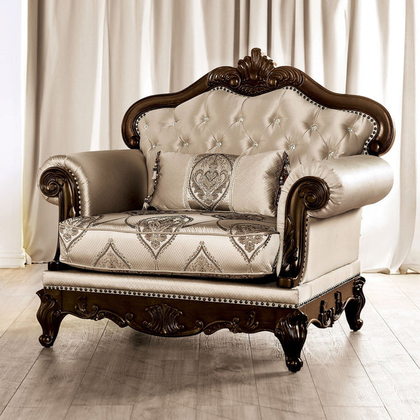 English Elm Traditional Carved Tufted Accent Chair with Rolled Arms, Nailhead Trim and Elegant Upholstery Beige,Cherry 49 L x 36 W x 22 H B2741P380258