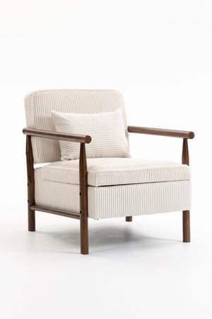 English Elm Storage Accent Chair Mid Century Wood Frame Upholstered Seat with Lumbar Cushion Antique White W2530P401445