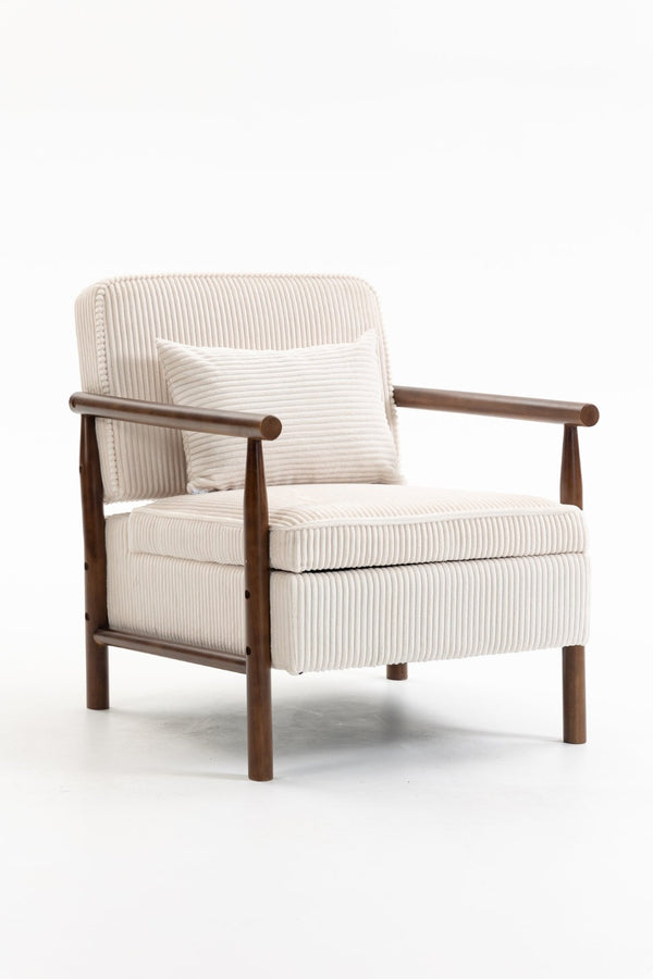 English Elm Storage Accent Chair Mid Century Wood Frame Upholstered Seat with Lumbar Cushion Antique White W2530P401445