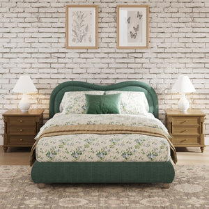 English Elm Queen Chenille Upholstered Curved Headboard Platform Bed with Oak Legs Solid Wood Slats W1716P428272