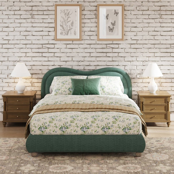 English Elm Queen Chenille Upholstered Curved Headboard Platform Bed with Oak Legs Solid Wood Slats W1716P428272