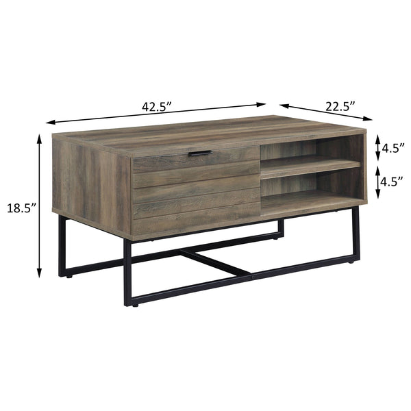English Elm Rustic Oak and Black Coffee Table with Self-Close Cabinet, Open Shelves, Metal Leg, Clutter-Free Design B062P185649
