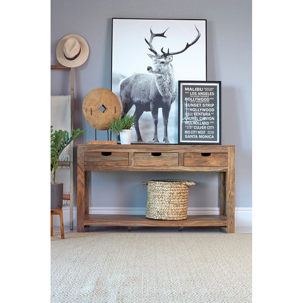 English Elm Tucker Sheesham 3-Drawer Console Table in Natural Finish with Lower Shelf, Timeless Organic Grain Storage B062P331109