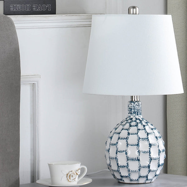English Elm 19.5" Marin Coastal Ceramic Table Lamp in Blue-Green & White Geometric Base with Off-White Shade, UL B072P222427