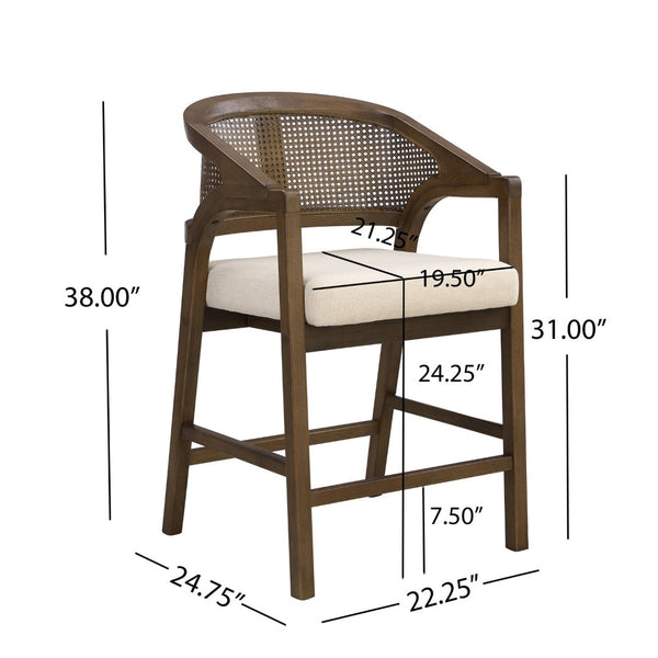 English Elm Wooden Rubberwood Counter Stools with Woven Rattan Back Mid Century Set of Two Beige,Walnut N771P257313T
