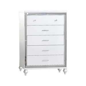 English Elm Sterling 5-Drawer White Wood Chest with Mirror Frame, Metallic Finish, Sleek Handles, Stylish Legs G150108472
