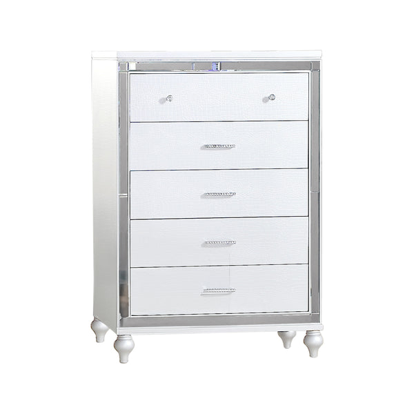 English Elm Sterling Mirror-Framed 5-Drawer Chest in White Wood Finish — Metallic Accents, Ample Storage, Chic Legs 808857981936