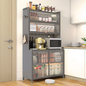 English Elm 73'' Tall 6-Tier Steel Pantry Cabinet with Flip Door & Pegboard, Adjustable Shelves, Anti-Tip Storage Grey W3387P306357