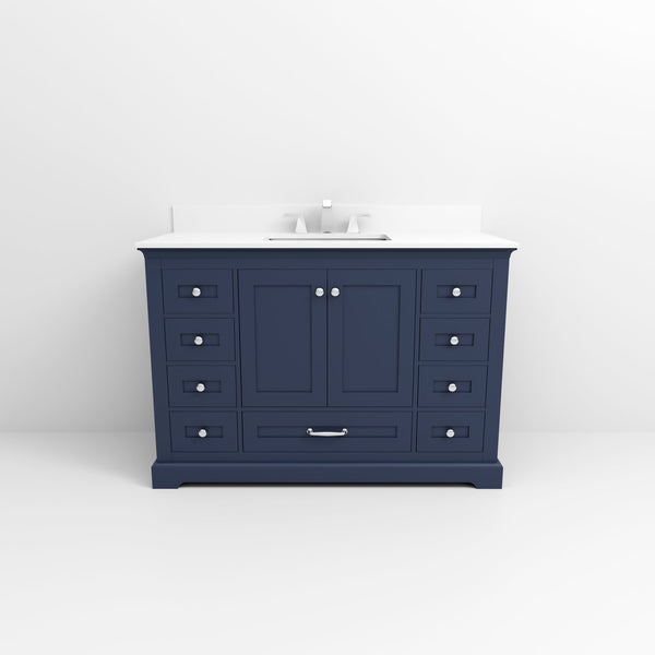 English Elm Navy Blue 48 in. Single Bath Vanity with White Quartz Top, Soft-Close Drawers, Chrome Faucet Set B2731P258358