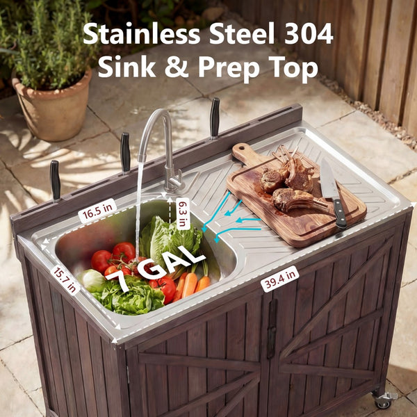 English Elm K&k Outdoor Modular Kitchen Island 2 Piece Fir Wood Stainless Steel Sink Station N707S000024Z