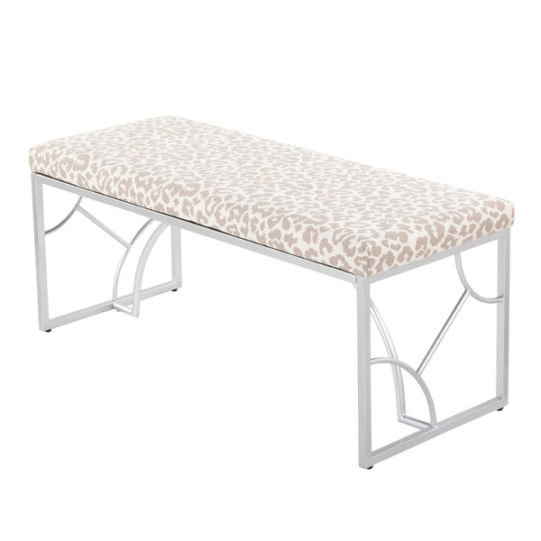 English Elm Constellation Silver Metal Bench with Grey Leopard Fabric Upholstery — Modern Plush Seating, 45" B202S01140