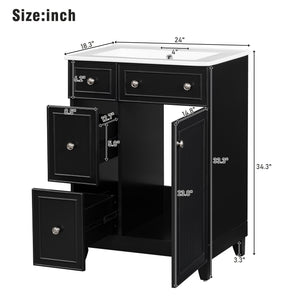 English Elm 24-Inch Bathroom Vanity Cabinet with Ceramic Sink, Space-Saving Storage, Solid Wood Feet, Durable Finish Black WF532034AAB