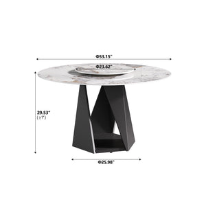 English Elm 53" Round Marble Dining Table For 6 With Black Iron Base & Built-In Turntable - Modern Elegance! W1535S00466