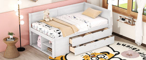 English Elm Twin Daybed with Two Pull Out Drawers and Open Shelves for Small Bedroom Storage White LP102022AAK