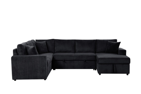 English Elm Rinaldo Corduroy Sleeper Sectional with Storage Chaise and Pocket Coil Cushions Black B2749S00280