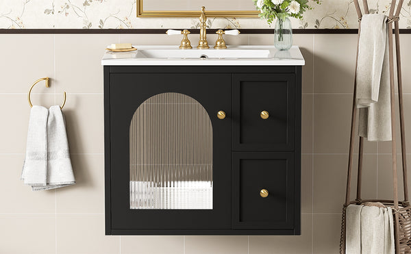 English Elm 24" Modern Wall-Mount Bathroom Vanity with Ceramic Sink, Glass Door Cabinet, 2 Drawers, Soft-Close Black N710P286704B