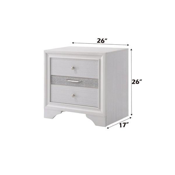 English Elm Naima White Finish Nightstand with Jewelry Drawer, Glitter Trim, Silver Knobs & Curved Legs, Compact Elegance B2726P261238