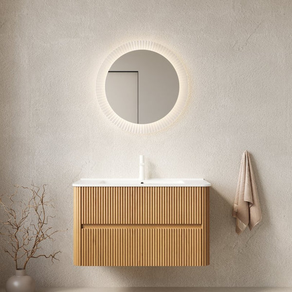 English Elm Noor Floating Bathroom Vanity Oak Veneer Plywood Cabinet Soft Close Drawers W2615P412225
