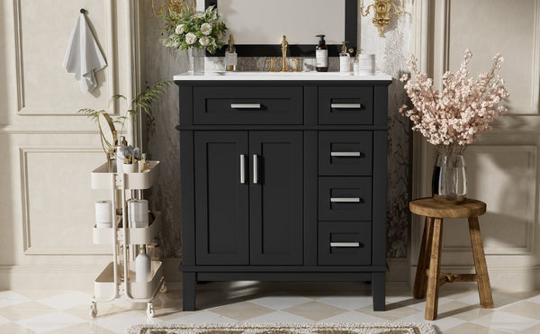 English Elm 30" Freestanding Bathroom Vanity Ceramic Sink Soft Close Cabinet Gray Wood Frame Black N729P427118B