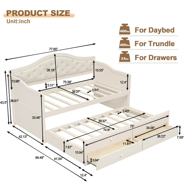 English Elm Twin Daybed with Trundle and 2 Storage Drawers, Upholstered Button-Tufted Sofa Bed for Guest Room Comfort and Organization Beige 45.25 L x 19 W x 8 H N733S346767A