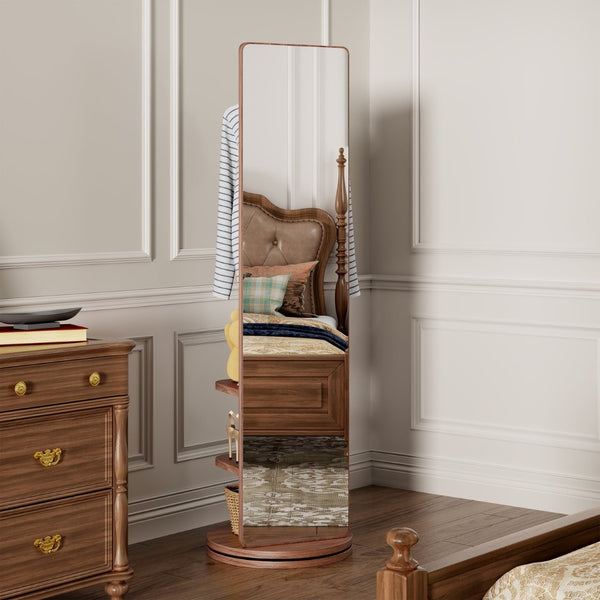 English Elm 360° Swivel Full Length Mirror with Coat Hooks Solid Rubberwood Frame Bedroom Entryway W2987P225479