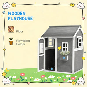English Elm Toddlers Solid Fir Wood Cottage Playhouse with Windows and Plant Box for Backyard T3971P442846