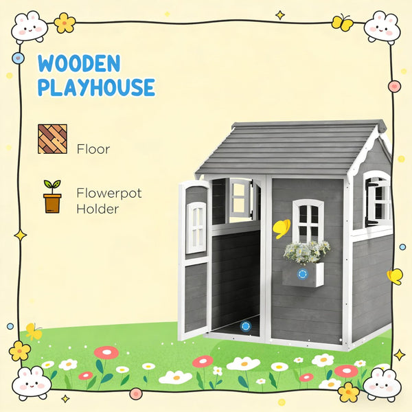 English Elm Toddlers Solid Fir Wood Cottage Playhouse with Windows and Plant Box for Backyard T3971P442846