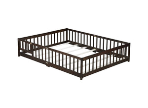 English Elm Queen Rubber Wood Floor Bed with Full Perimeter Safety Fence and Hinged Access Door Espresso W504P429342