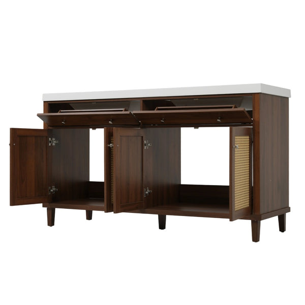 English Elm 60 Inch Double Sink Bathroom Vanity Rattan Pine Legs Soft Close Storage Brown N817P296140B
