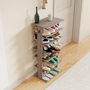 English Elm Shoe 7-Tier Vertical Shoe Rack with Hooks - Rustic Gray Organizer for 12-14 Pairs, Space-Saving Entryway W3151P346291