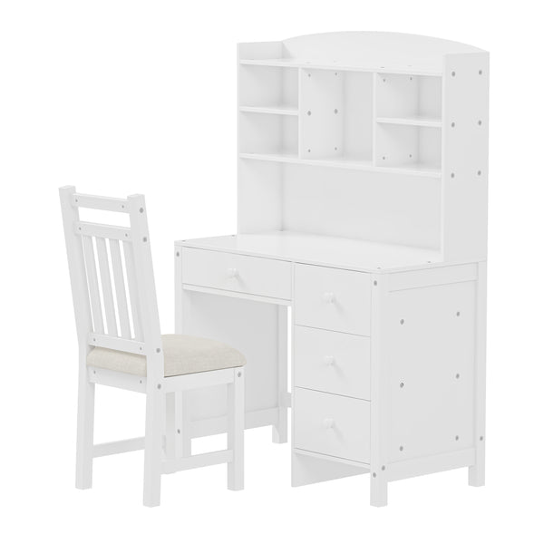 English Elm Vintage 40'' Home Executive Desk Set with Upholstered Chair and Built-In Bookshelf for Stylish Productivity White 44 L x 23 W x 13.5 H N733P272894K