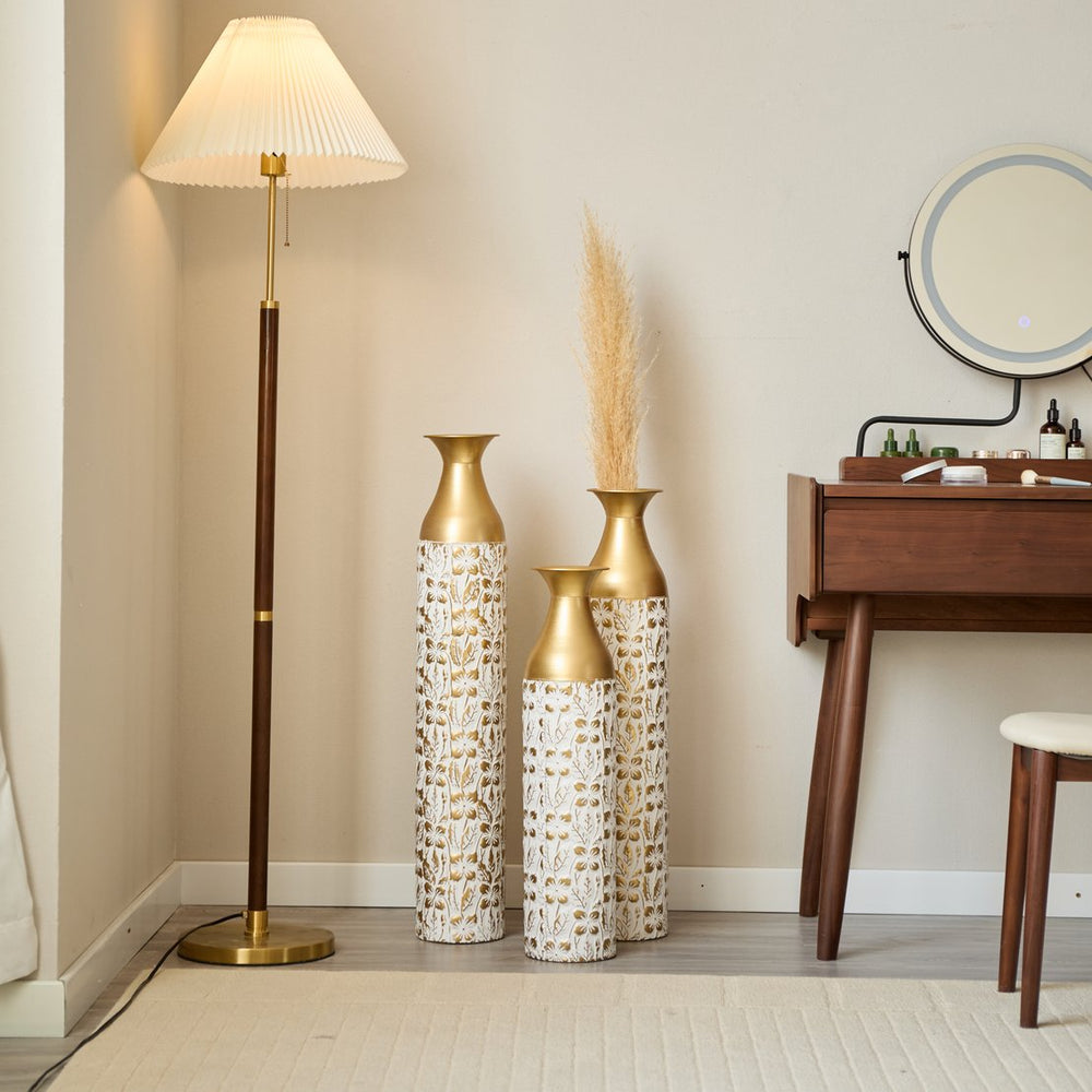 English Elm Mother's Gilded White 3D Relief Flower Metal Vase Set - Elegant Tall Cylinder Décor Trio, Gold Embossed Finish W2796P277632