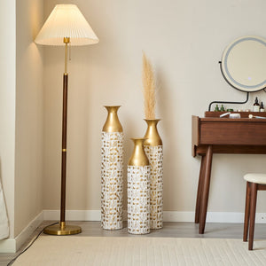 English Elm Mother's Gilded White 3D Relief Flower Metal Vase Set - Elegant Tall Cylinder Décor Trio, Gold Embossed Finish W2796P277632