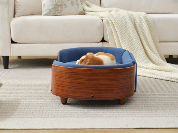 English Elm Scandinavian Mid-century Pet Sofa with Walnut Bentwood Back and Navy Velvet Cushion Dark Blue W794125941