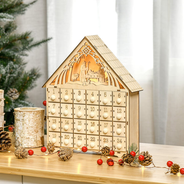 English Elm Homcom Light-Up Wooden Advent Calendar With Nativity Scene, 24 Countdown Drawers For Holiday Cheer W2225P249696