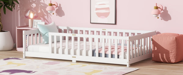 English Elm Twin Size Floor Bed With Safety Guardrails - Durable Rubberwood, Minimalist White Design For Kids W504P286396-GIGA