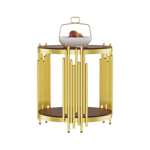 English Elm 19.69inch Gold Round Coffee Table with Crown Frame, 8mm Tempered Glass, Stainless Steel Base, Chic Storage Dark Brown W1550P171522