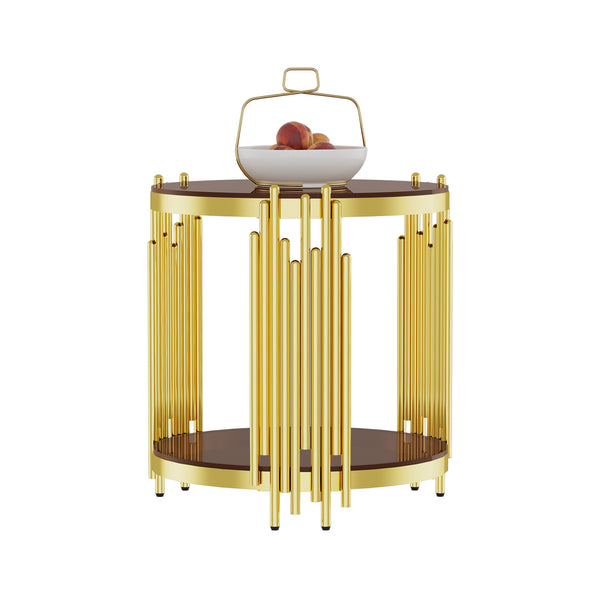 English Elm 19.69inch Gold Round Coffee Table with Crown Frame, 8mm Tempered Glass, Stainless Steel Base, Chic Storage Dark Brown W1550P171522